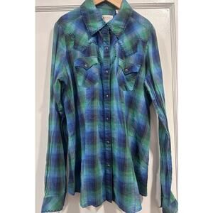 Roper Shirt Womens L Western Plaid Blue Snap Button Long Sleeve Shirt Rodeo